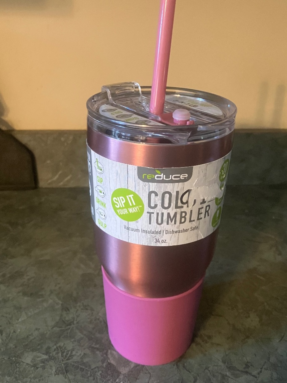 REDUCE 34 OZ INSULATED STAINLESS STEEL ROSE GOLS TUMBLER WITH STRAW